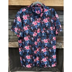 Men’s Retro Rifle Black/Pink/Blue Hibiscus Button Up Short Sleeve Shirt XL *B4
